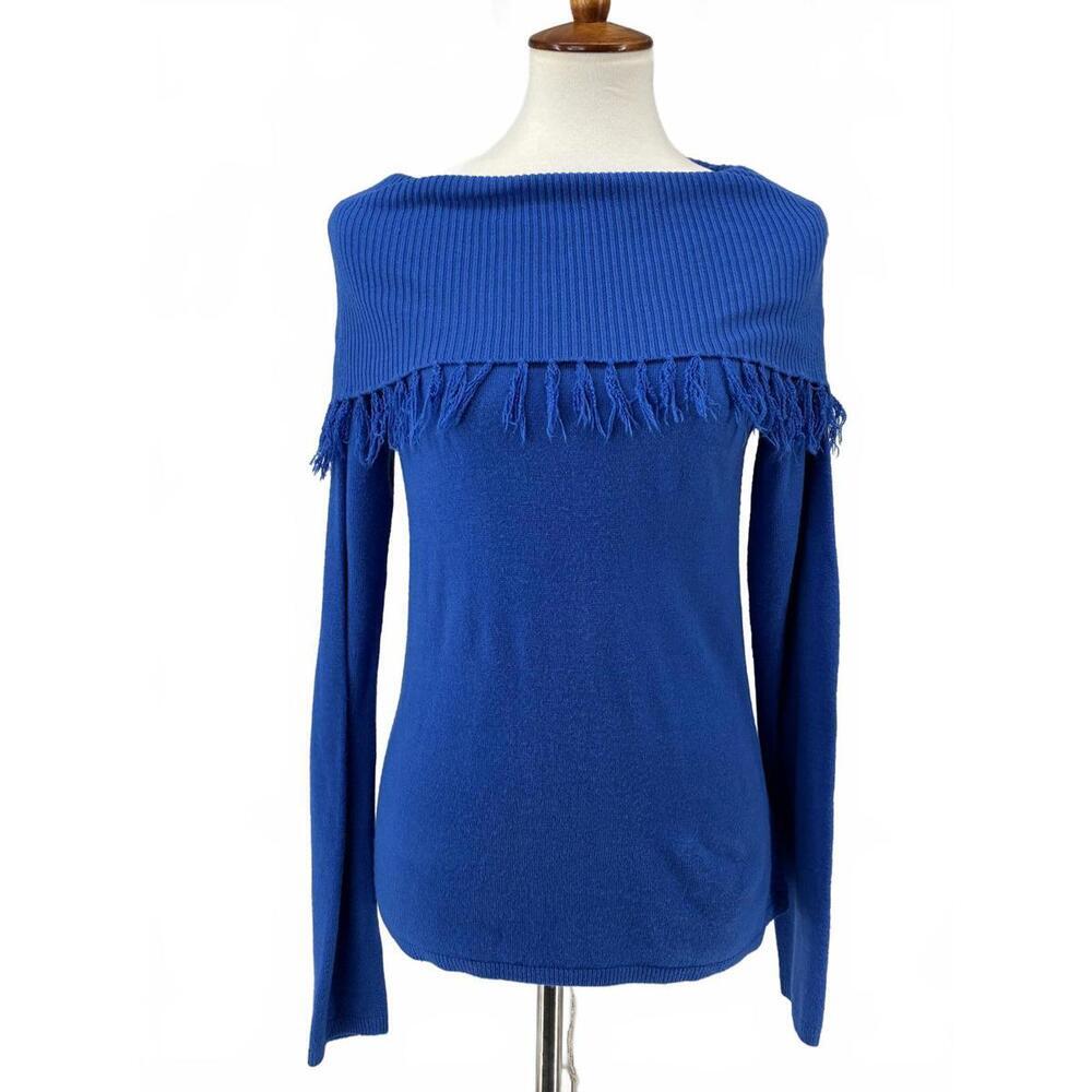 Crystal Kobe Royal Blue Wide Ribbed Collar Fringe Sweater Medium